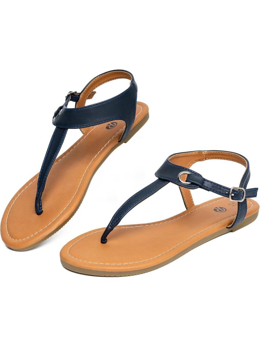 Women's Navy Blue1 Adjustable Ankle Buckle with T-Strap Flats Thong Sandals - Picture 3 of 6